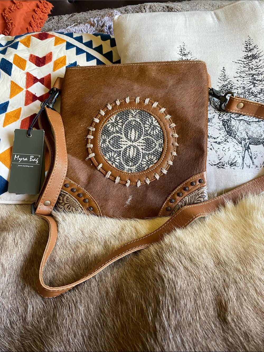 Myra Women's Brown Cowhide and Leather Crossbody with Embroidered Medallion